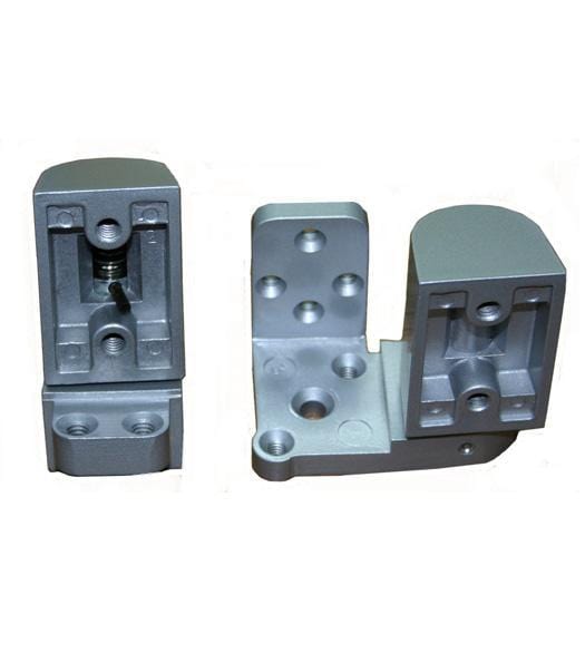 Aluminum pivot door hinges designed for metal frame doors in face frame applications, featuring an offset design.