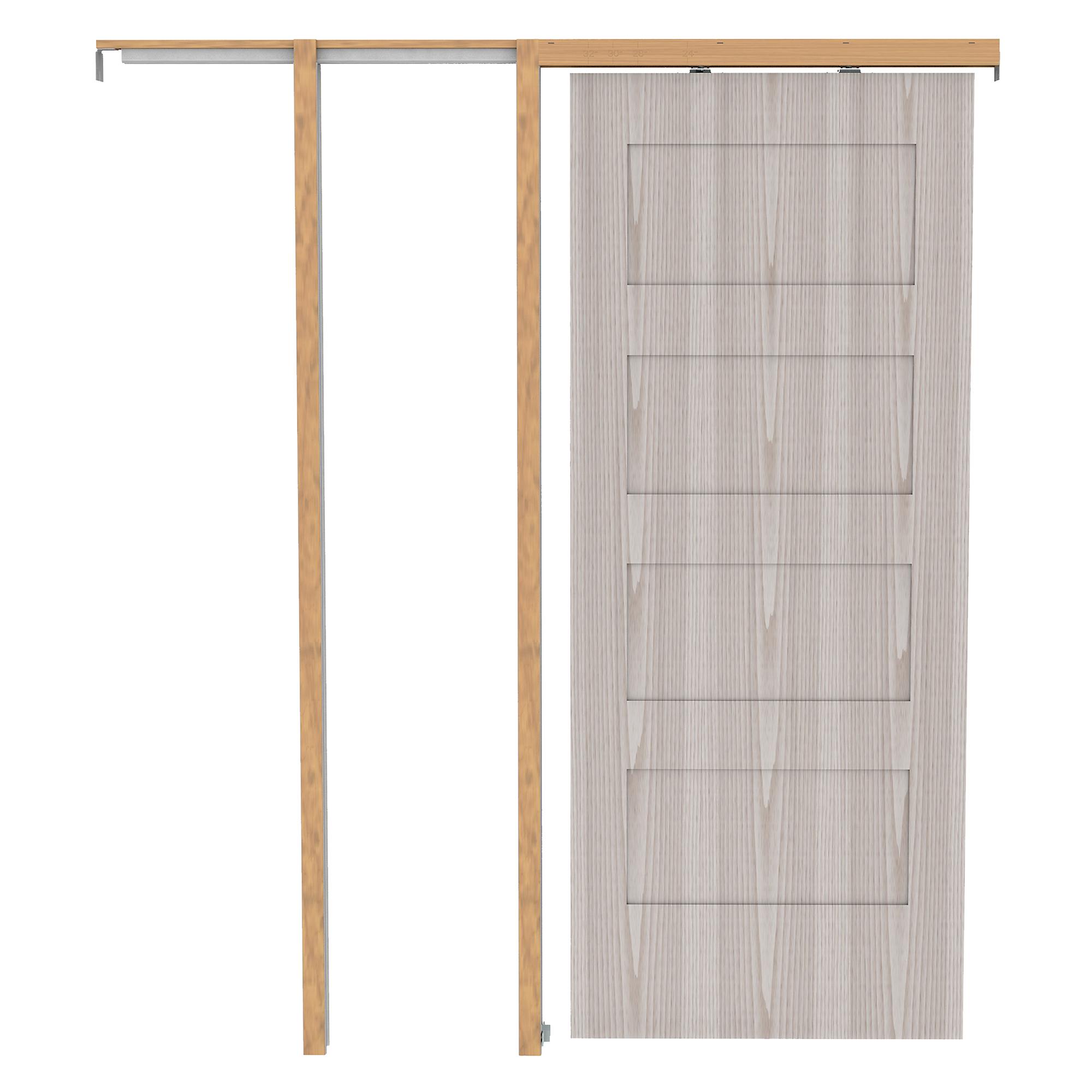 Pocket door hardware installation kit for 80-inch high, 1-3/4-inch wide doors, supporting up to 150 lbs, sold as a kit.