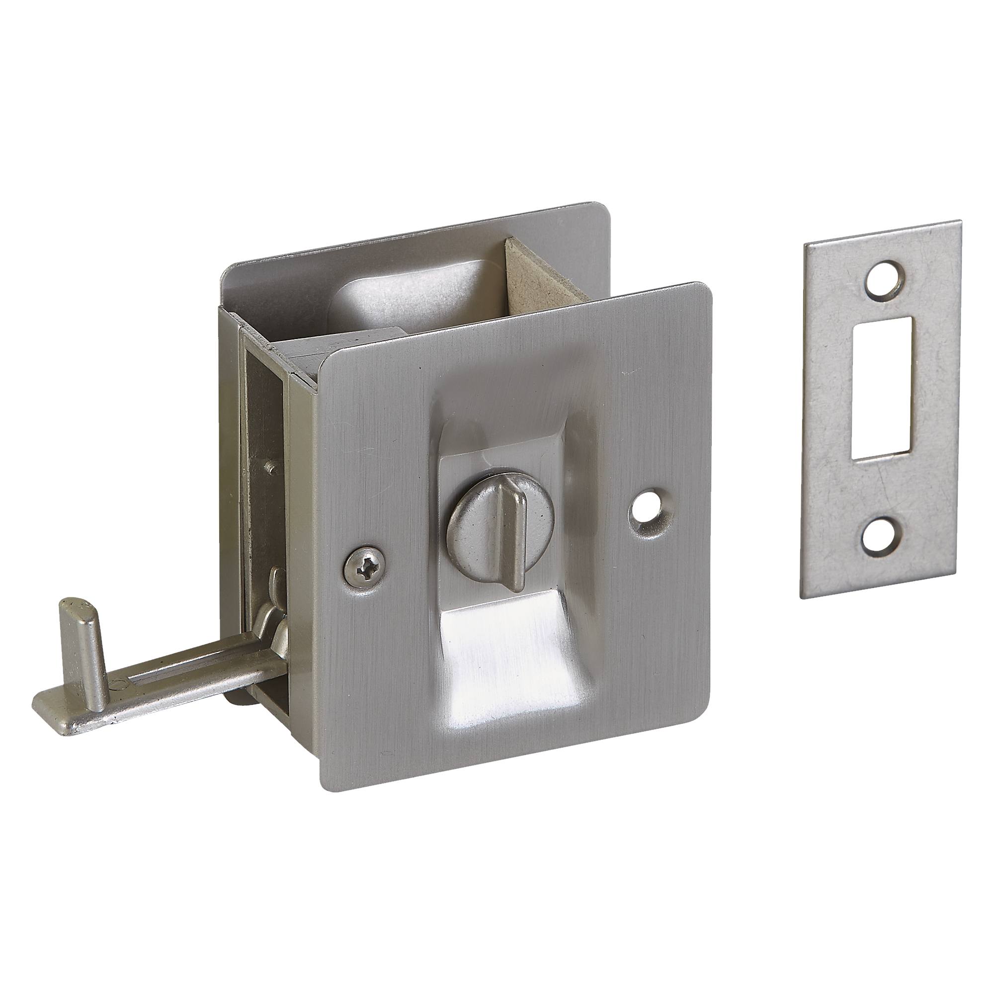 Pocket door latch for 1-3/8 inch thick doors, solid brass construction, available in multiple finishes, sold as set.