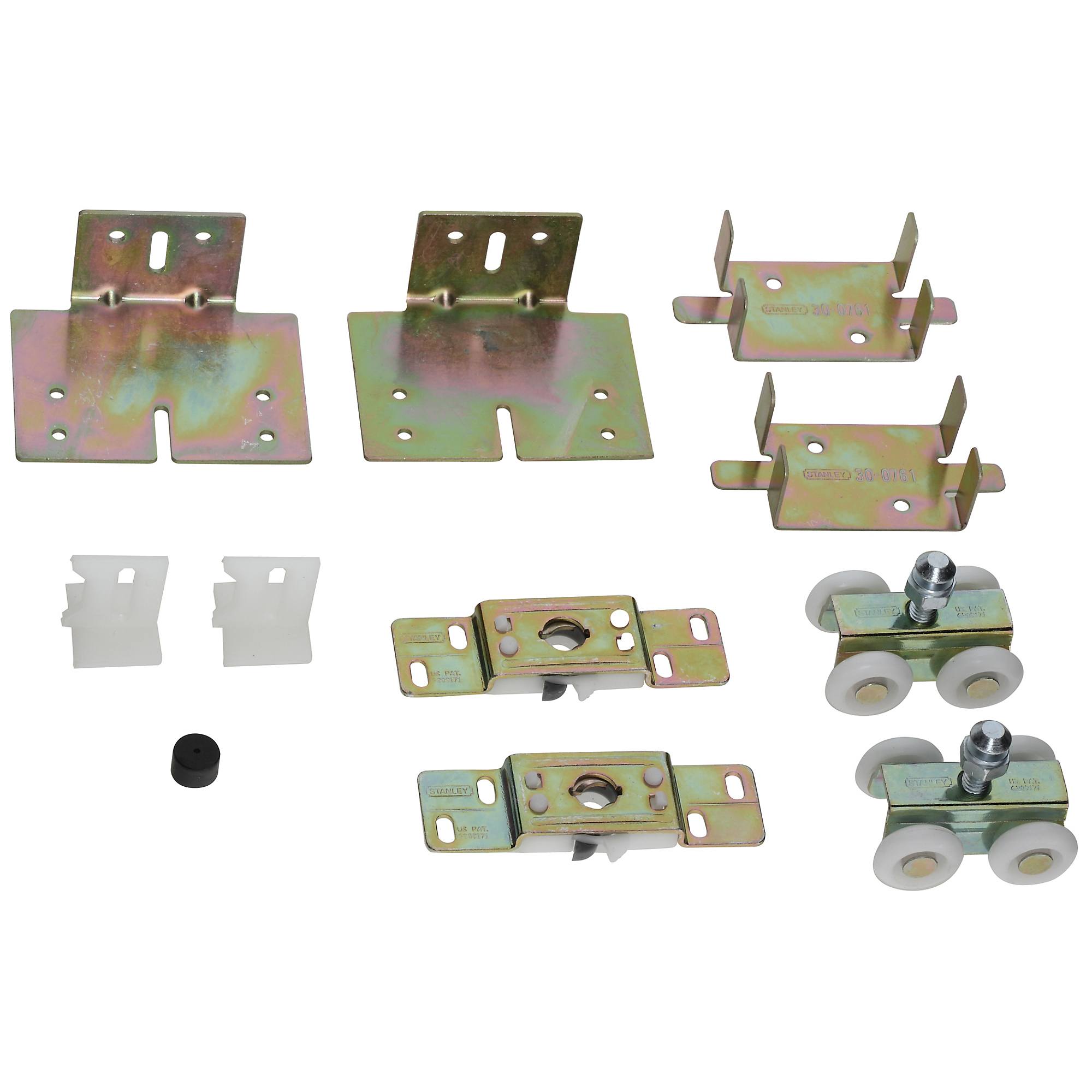 Pocket door replacement kit for outdoor use with zinc finish, includes brackets, rollers, and necessary hardware.