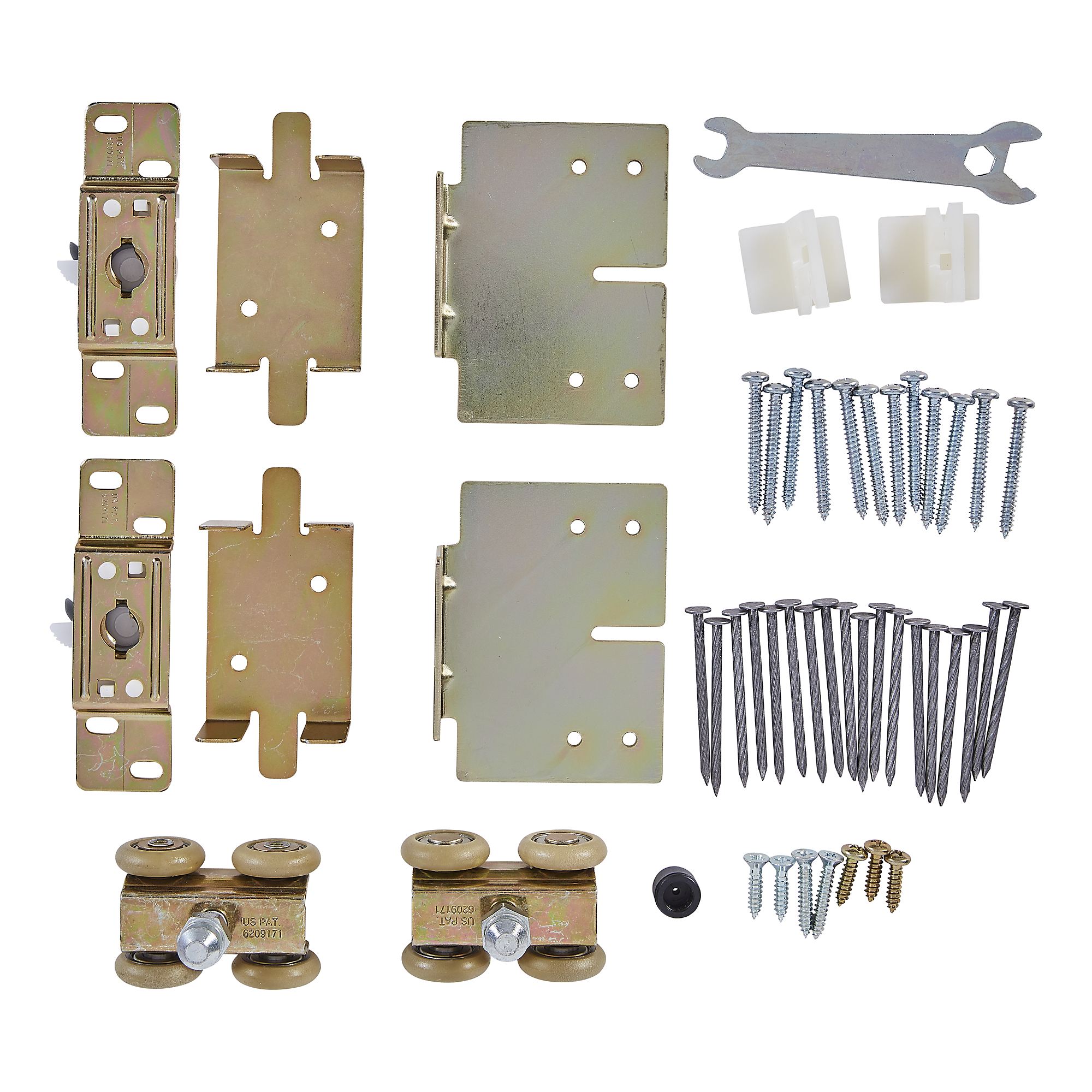 Pocket door replacement kit for outdoor use with zinc finish, includes hardware, screws, and tools for installation.