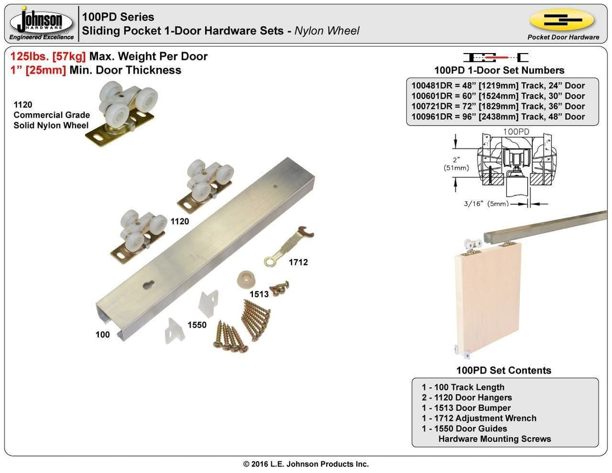 Pocket door hardware set with 72-inch track, suitable for 36-inch doors, includes wheels and installation components.