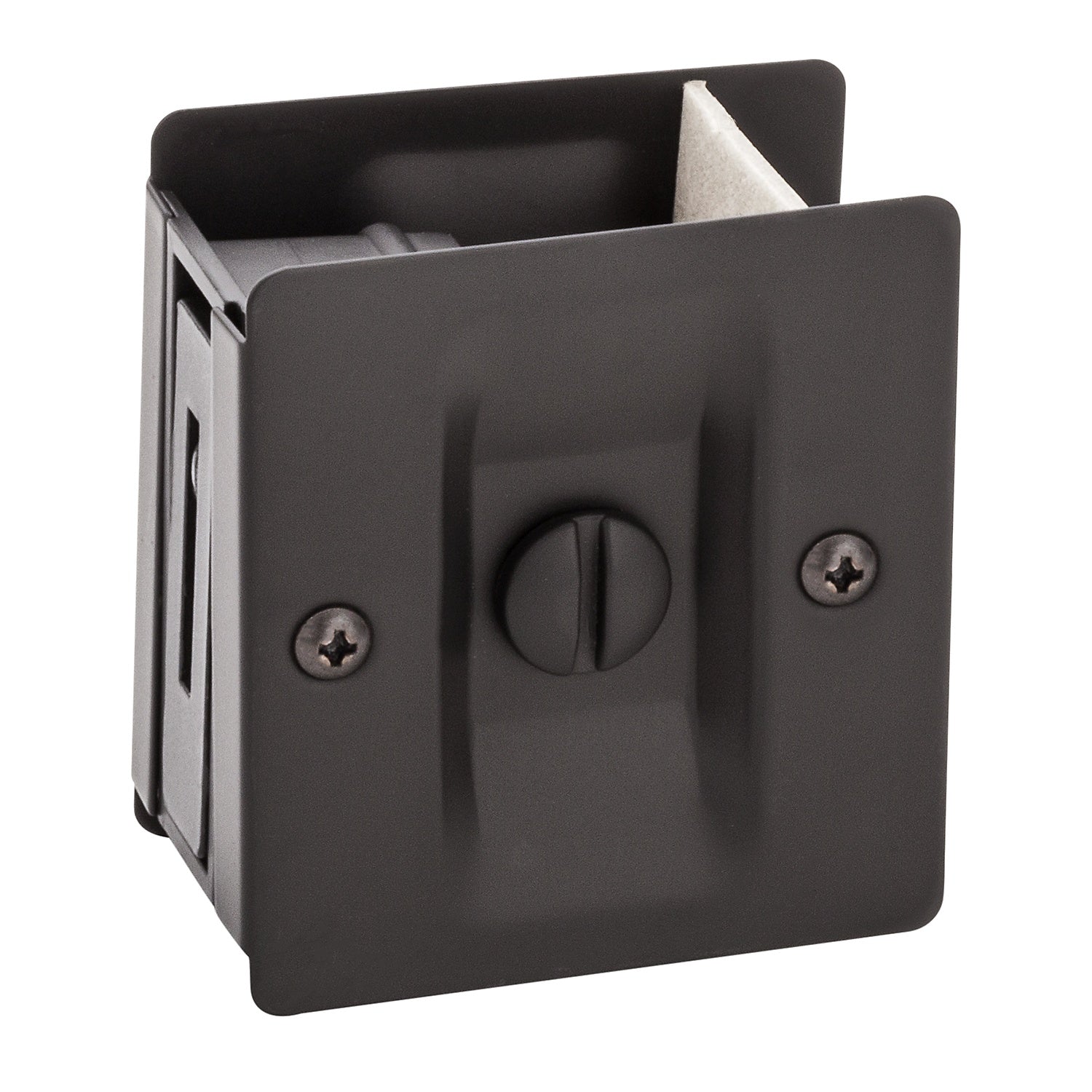 Solid brass pocket door latch for 1-3/8 inch thick doors, available in multiple finishes, sold as a set.
