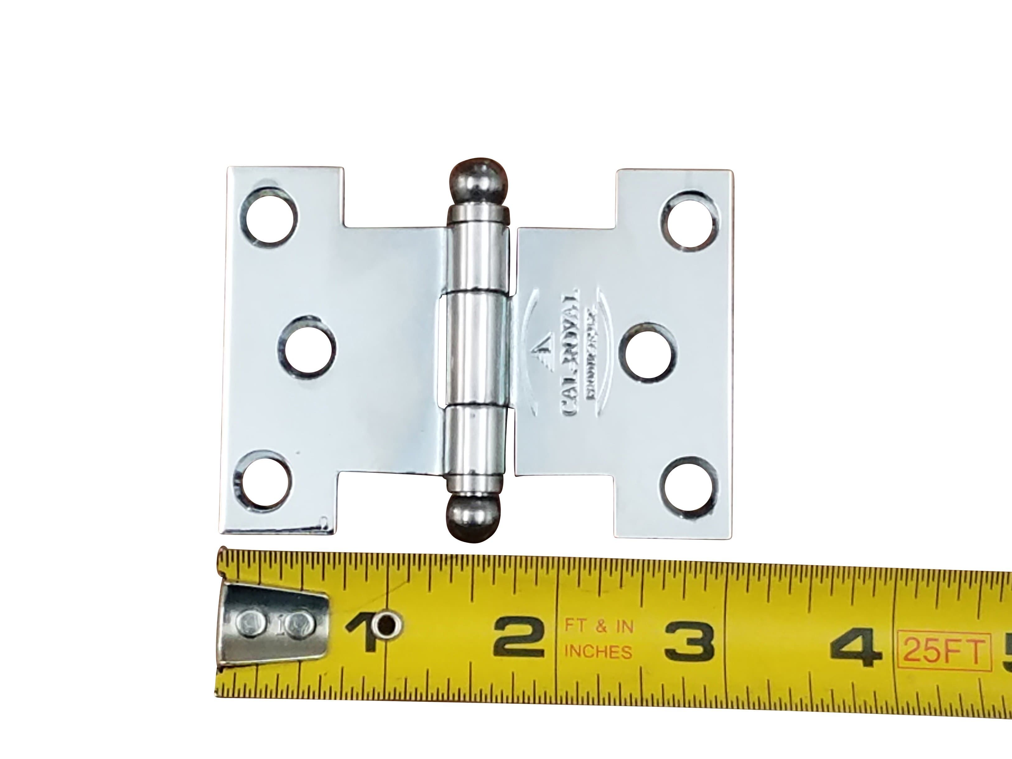 Polished chrome wide throw parliament hinge with multiple size options, displayed next to a measuring tape for reference.