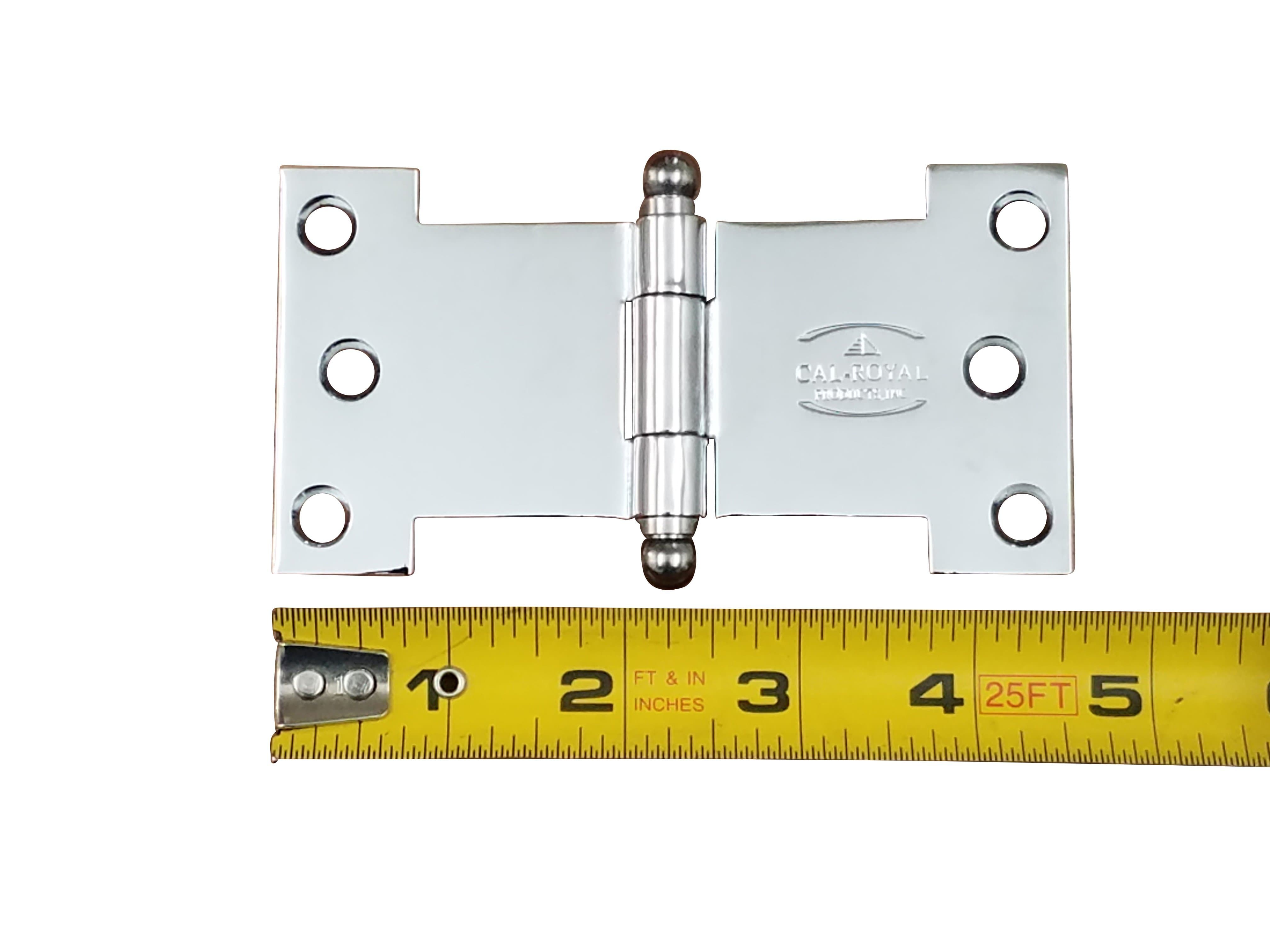 Polished chrome parliament hinge with wide throw design, available in multiple sizes and sold in two packs.