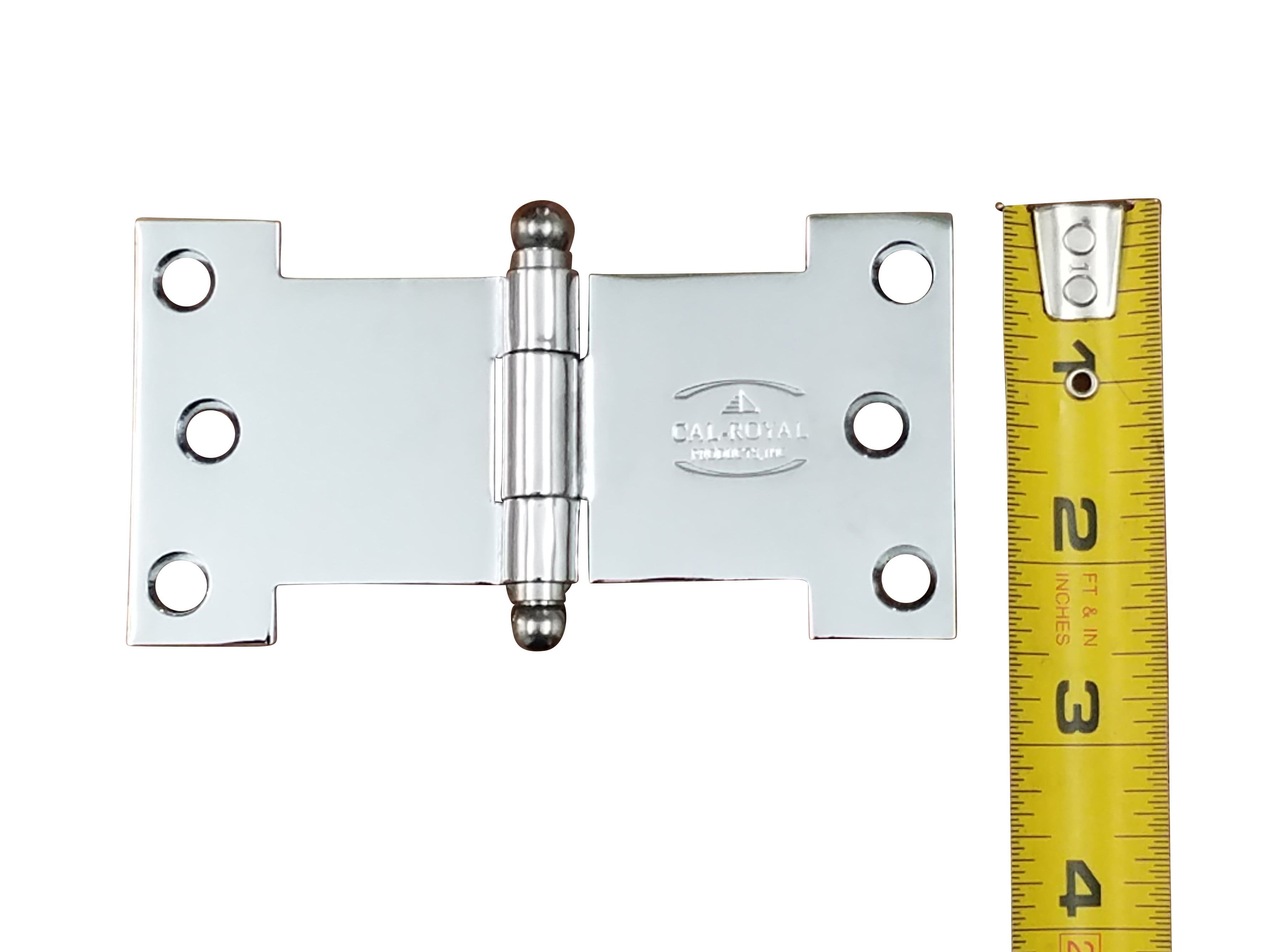 Polished chrome wide throw parliament hinge with multiple sizes available, shown next to a measuring tape for scale.