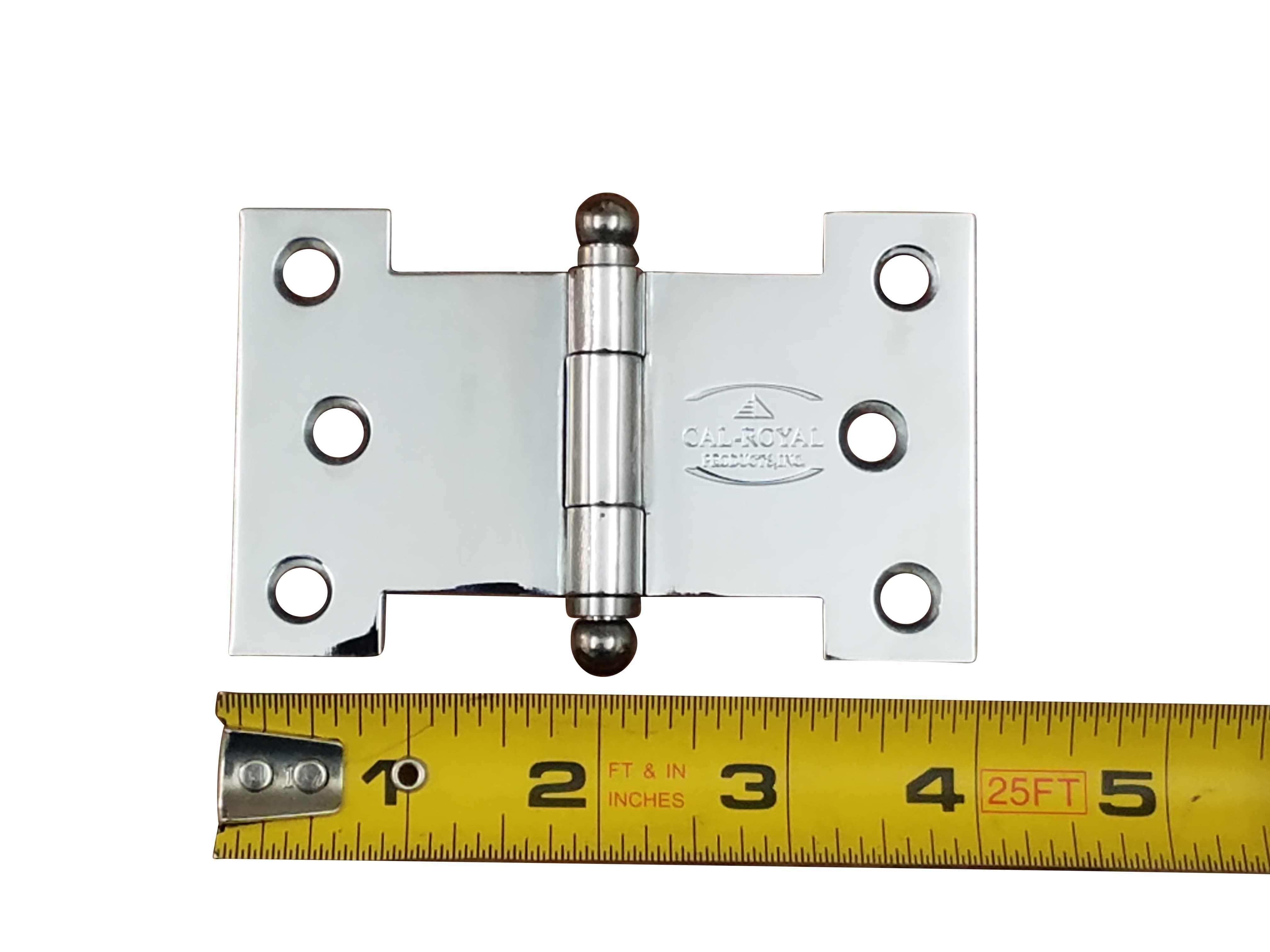 Polished chrome parliament hinge with wide throw design, available in multiple sizes and sold in two packs.