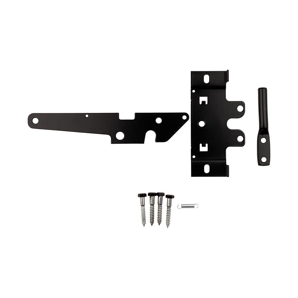 Post mount gate latch set in black finish, includes latch, strike plate, and screws for secure gate installation.