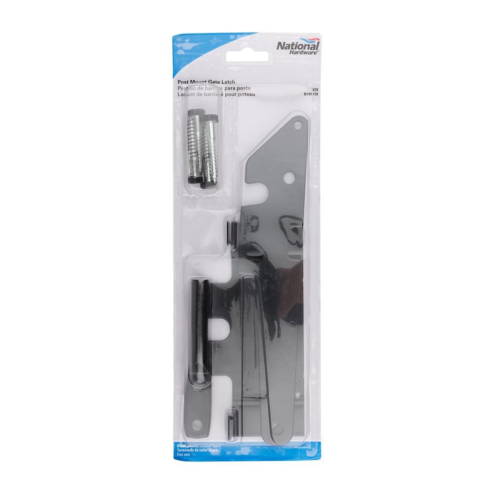 Post mount gate latch in black finish, sold individually, includes mounting hardware for easy installation.