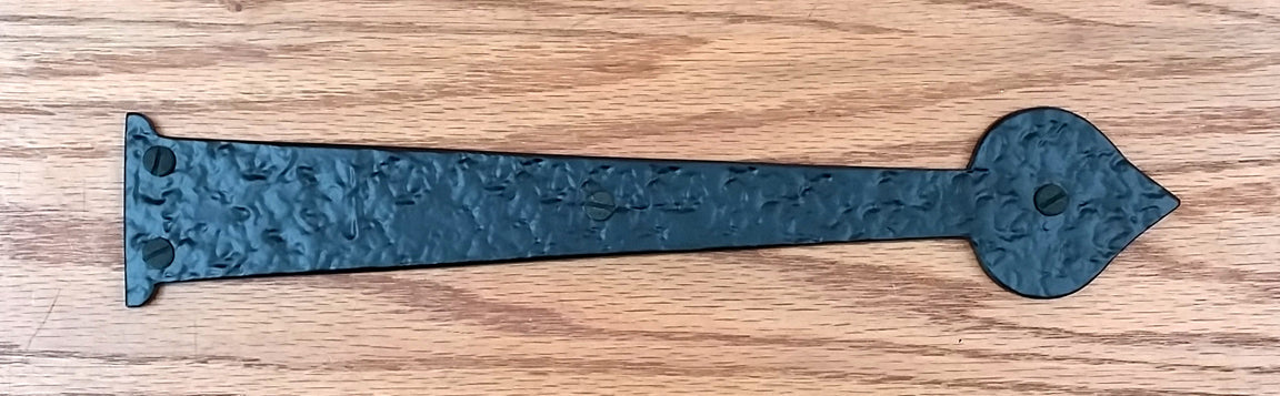 Premium spade decorative strap hinge in black powder coat finish, available in multiple sizes, sold individually.