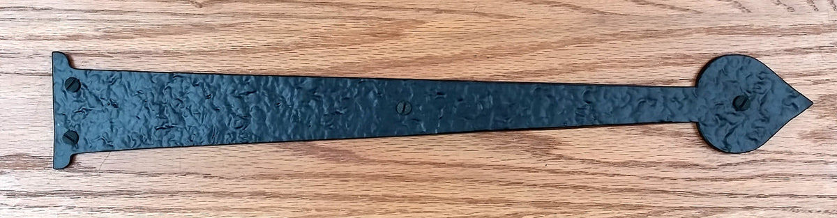 Premium spade decorative strap hinge with a black powder coat finish, available in multiple sizes, sold individually.