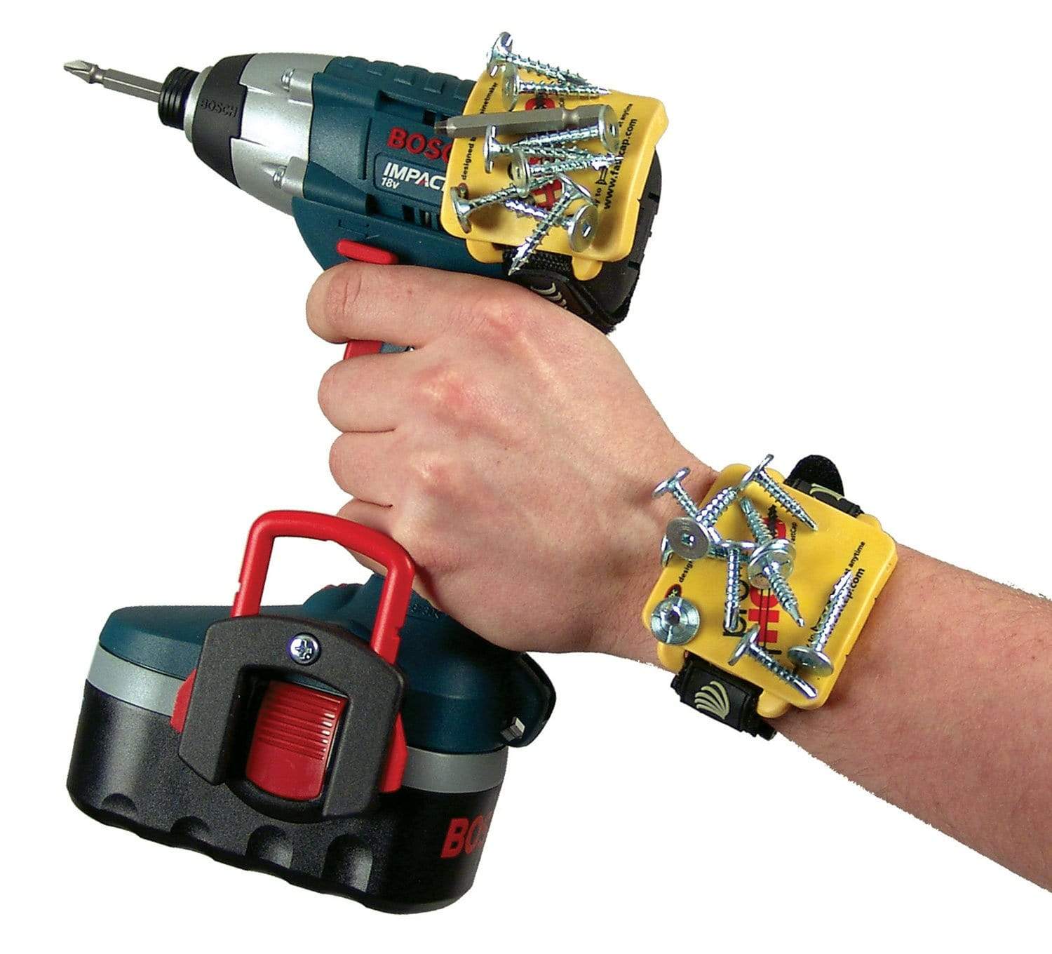 Adjustable magnetic wrist strap organizer holding screws, attached to a hand using a power drill for easy access.