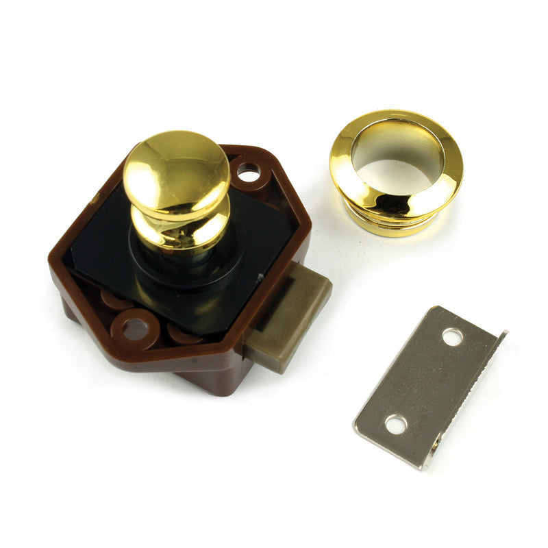 Push-button cabinet latch with a gold finish, includes latch, strike plate, and mounting hardware for easy installation.