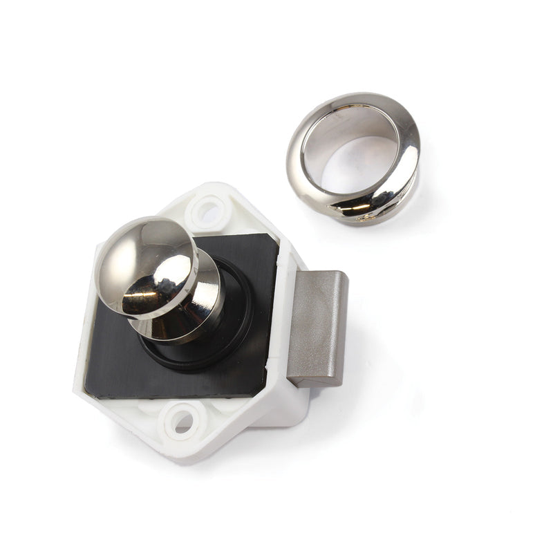 Push-button cabinet latch with a sleek design, available in multiple finishes, sold individually for easy installation.