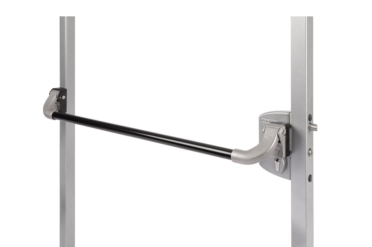 Black aluminum push bar for surface mounted gate locks, suitable for gates up to 5 feet wide, sold individually.