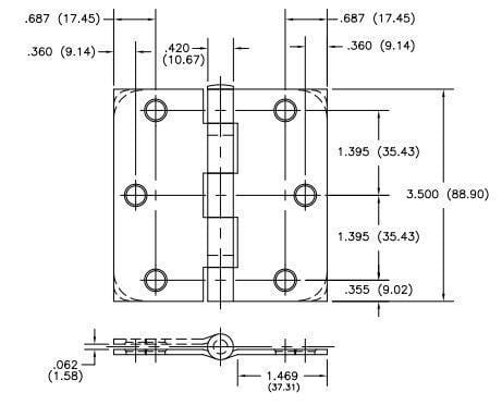 Hager 3.5-inch door hinge with 5/8-inch radius, available in multiple finishes, sold individually for various applications.