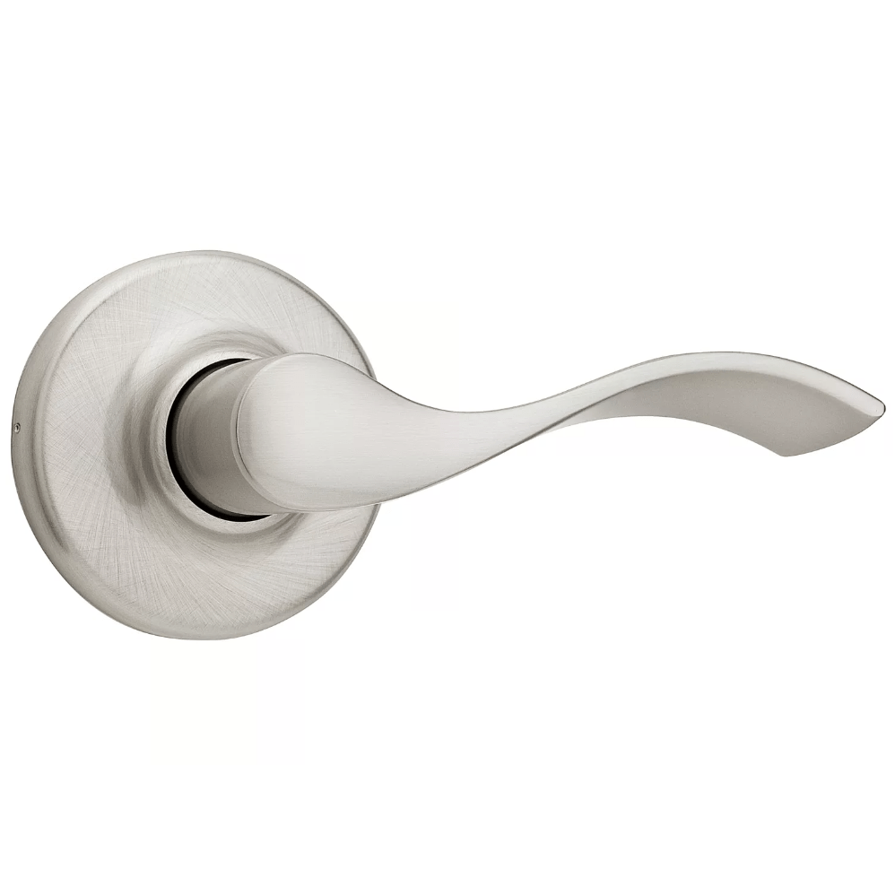 Satin nickel non-locking passage door lever in Balboa style with Microban antimicrobial protection, sold individually.
