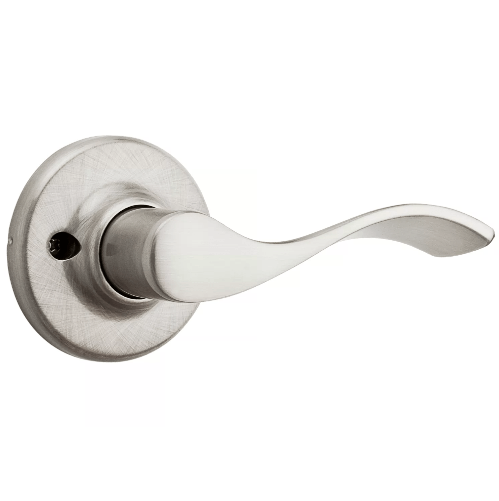 Satin nickel non-locking passage door lever in Balboa style with Microban antimicrobial protection, sold individually.