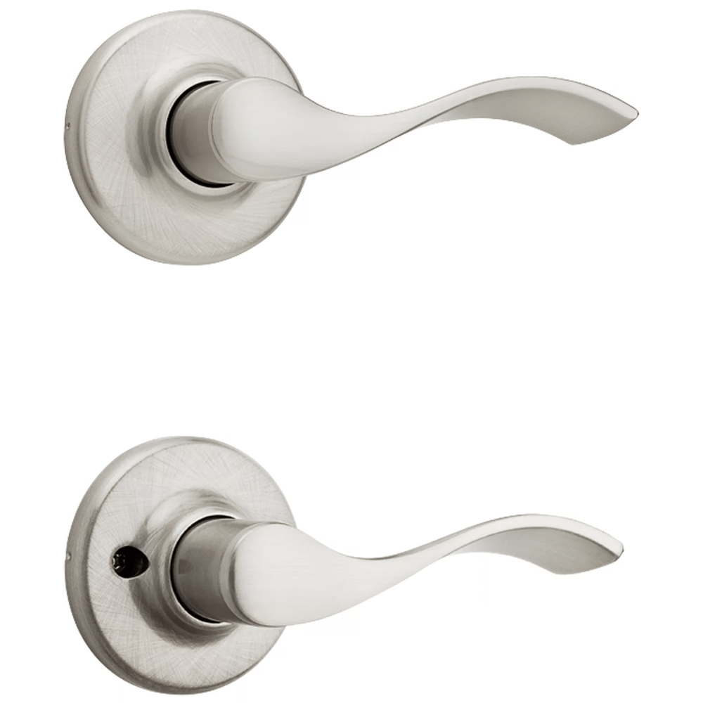 Satin nickel non-locking passage door lever in Balboa style with Microban antimicrobial protection, sold individually.