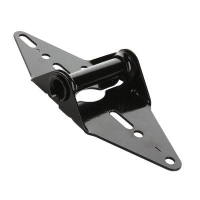 Residential garage door hinge made of 14-gauge steel, featuring a black powder coat finish for durability.