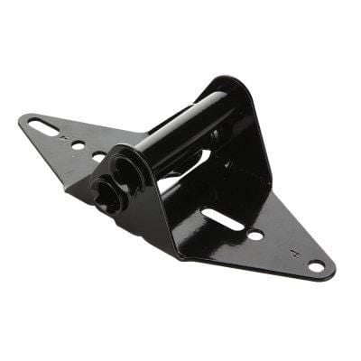 Residential garage door hinge made of 14 gauge steel, featuring a black powder coat finish for durability and style.