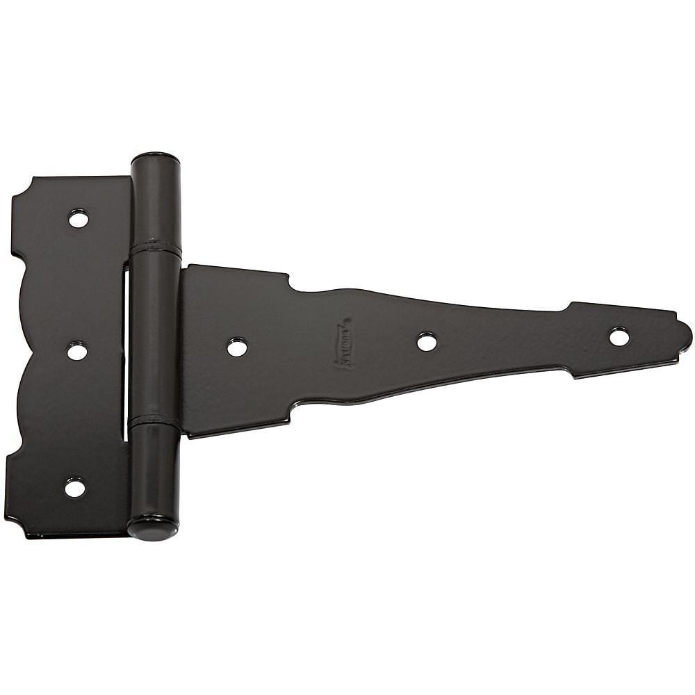Reversible decorative black T hinges, 4 to 8 inches, ideal for doors and gates, sold in a 2 pack.