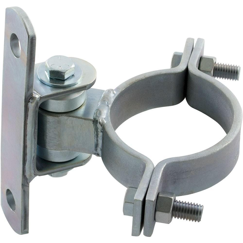 Round bolt-on gate hinge made of steel with zinc plating, supports up to 750 lbs, sold individually for durability.