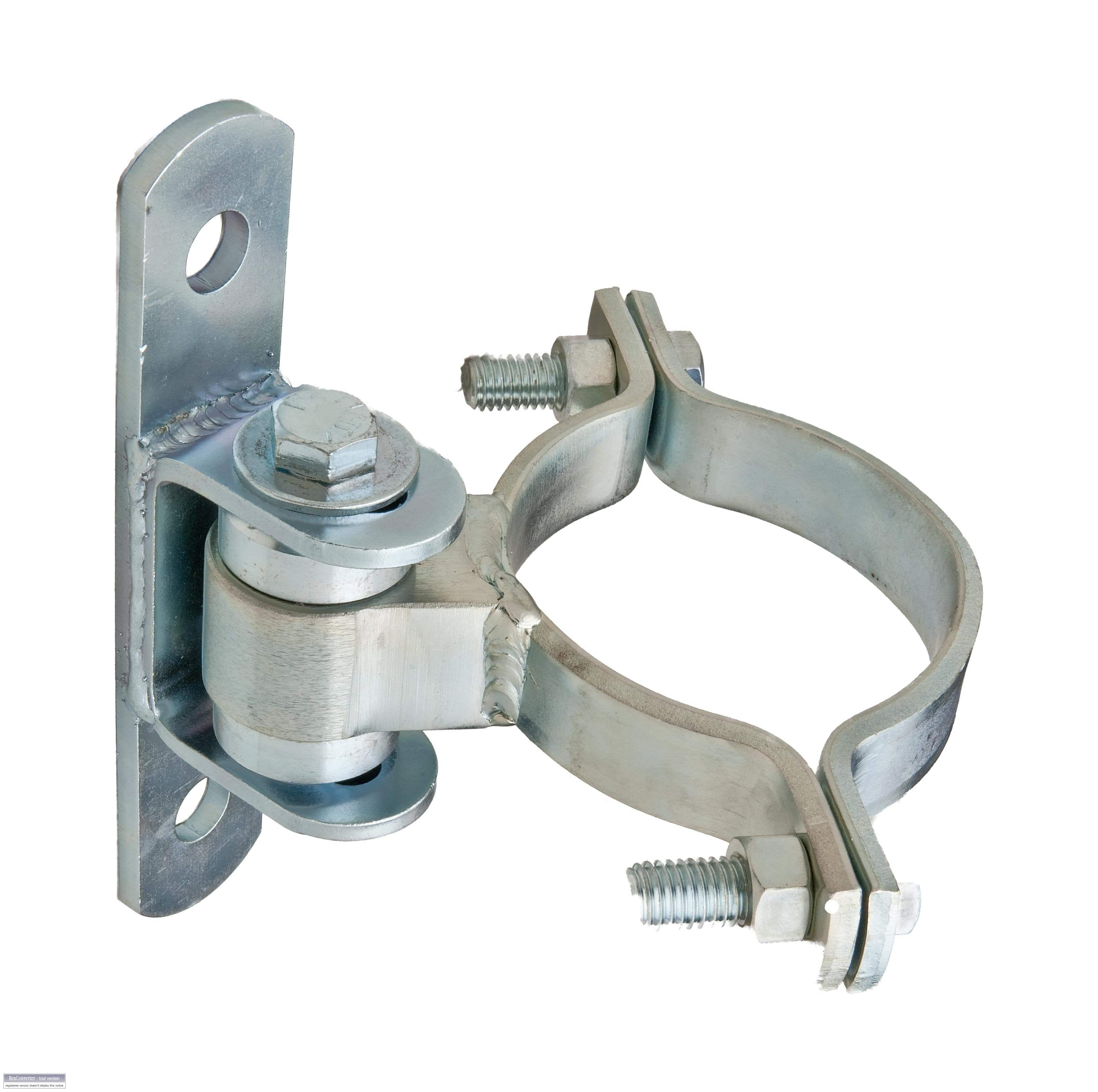 Round bolt-on gate hinge made of steel with zinc plating, supports up to 750 lbs, sold individually for durability.