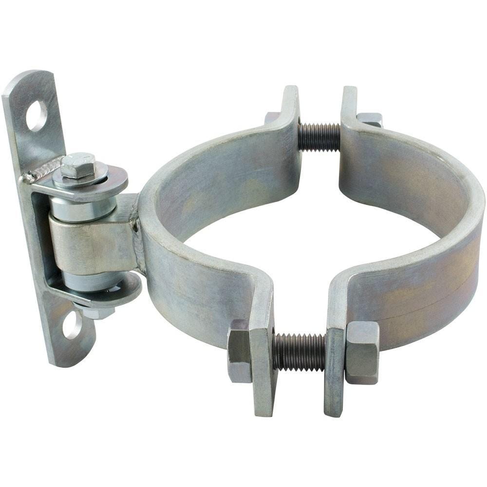 Heavy duty round bolt-on gate hinge, 6 inches, steel with zinc plating, supports up to 750 lbs, sold individually.