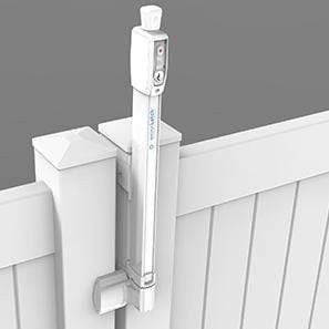 White top pull safety gate latch installed on a wooden fence, designed for secure gate closure and easy access.