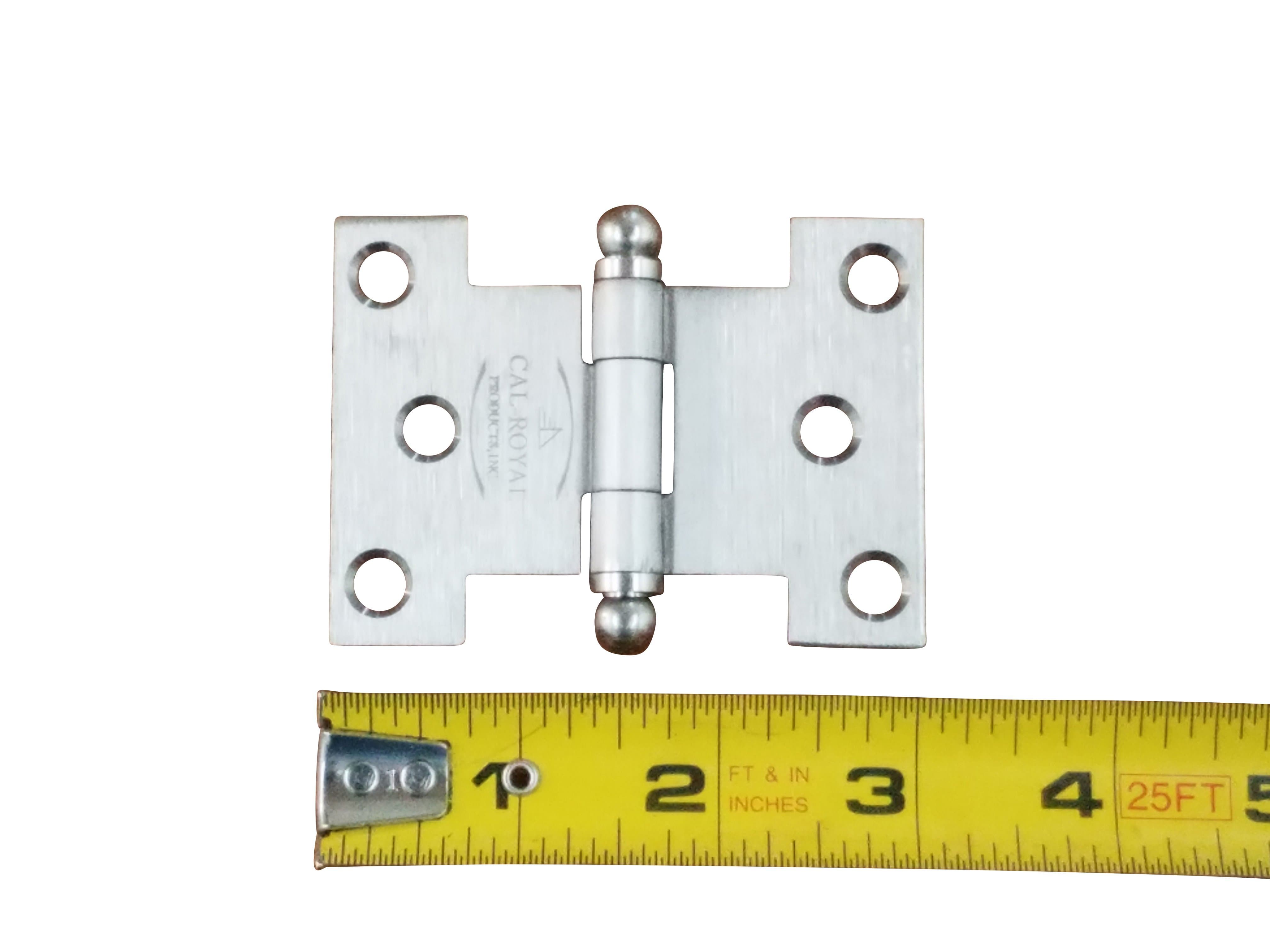 Satin nickel wide throw parliament hinge with multiple sizes available, shown with a measuring tape for scale.