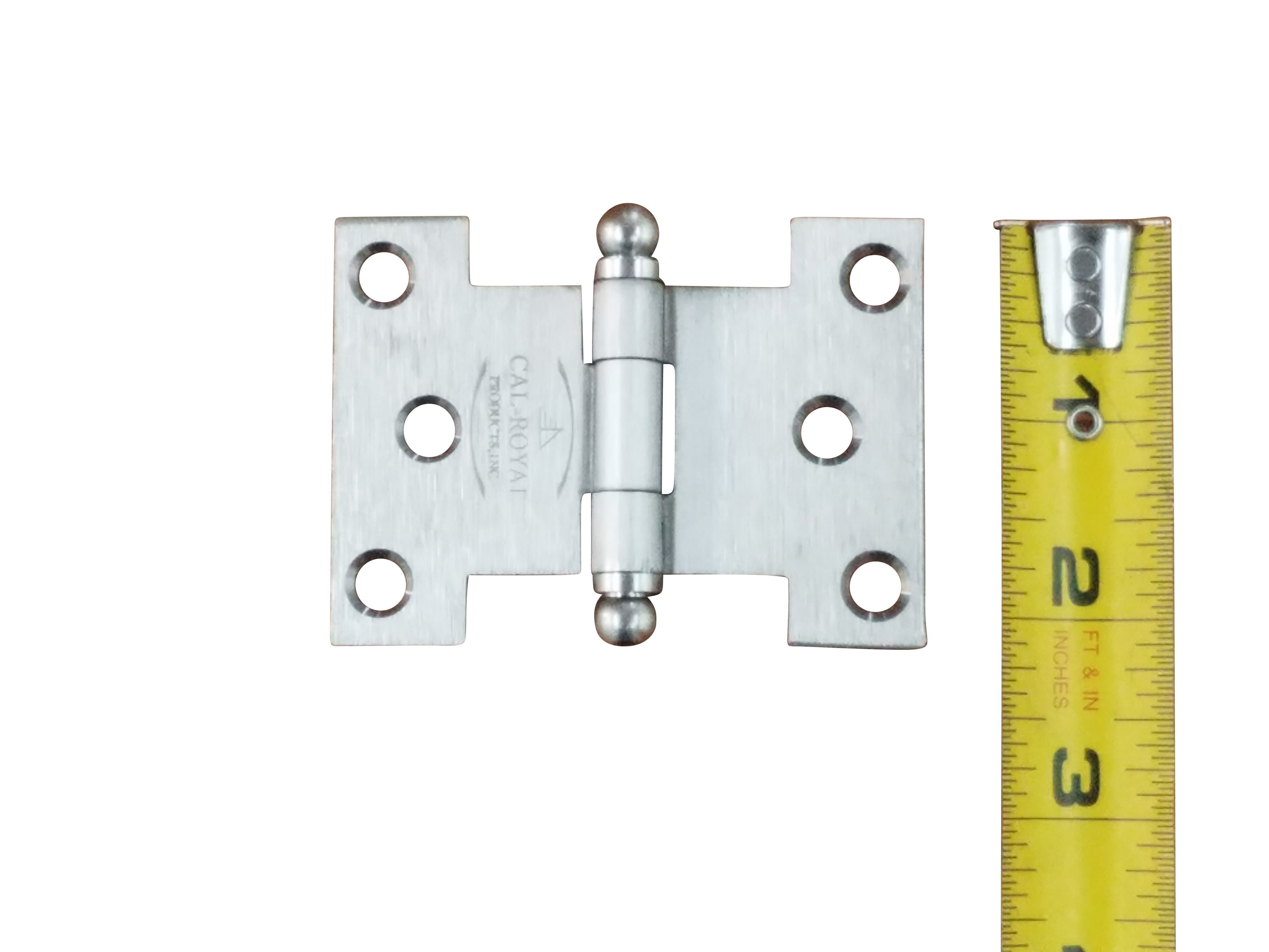 Satin nickel wide throw parliament hinge with multiple size options, shown with a measuring tape for scale.