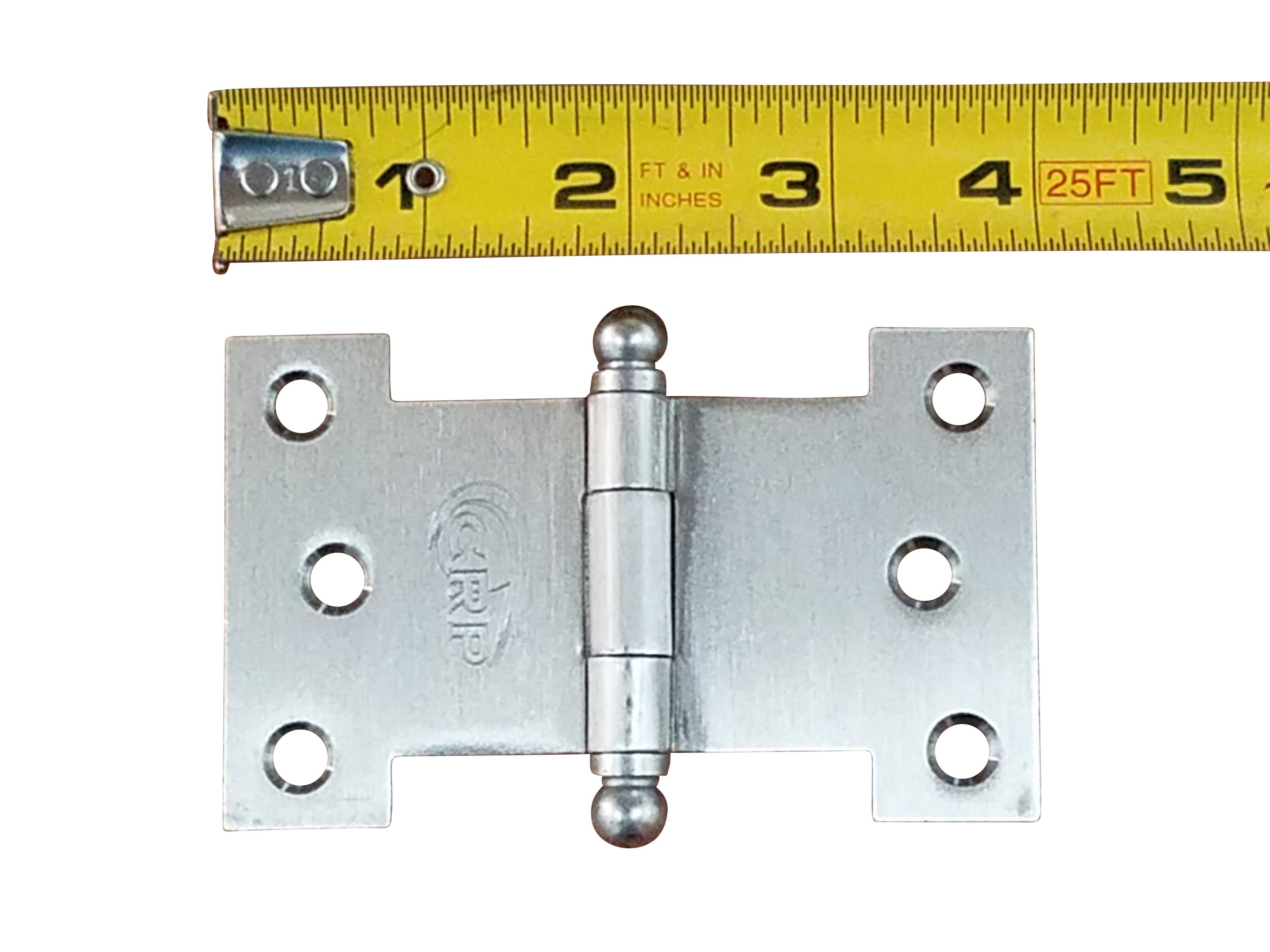 Satin nickel wide throw parliament hinge with multiple sizes available in two packs, measuring with a tape.