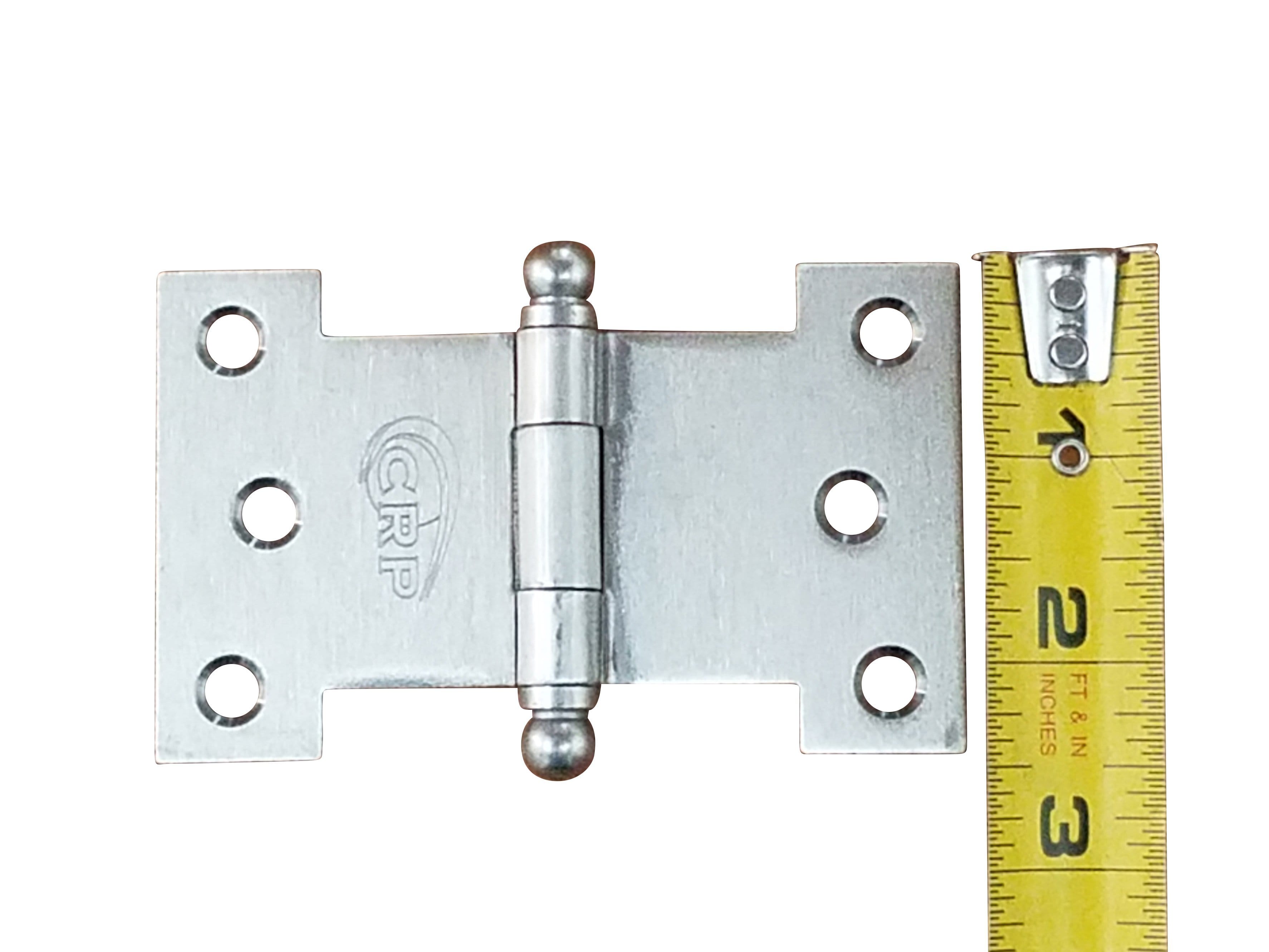 Satin nickel wide throw parliament hinges with multiple sizes available in 2 packs, ideal for doors and cabinets.