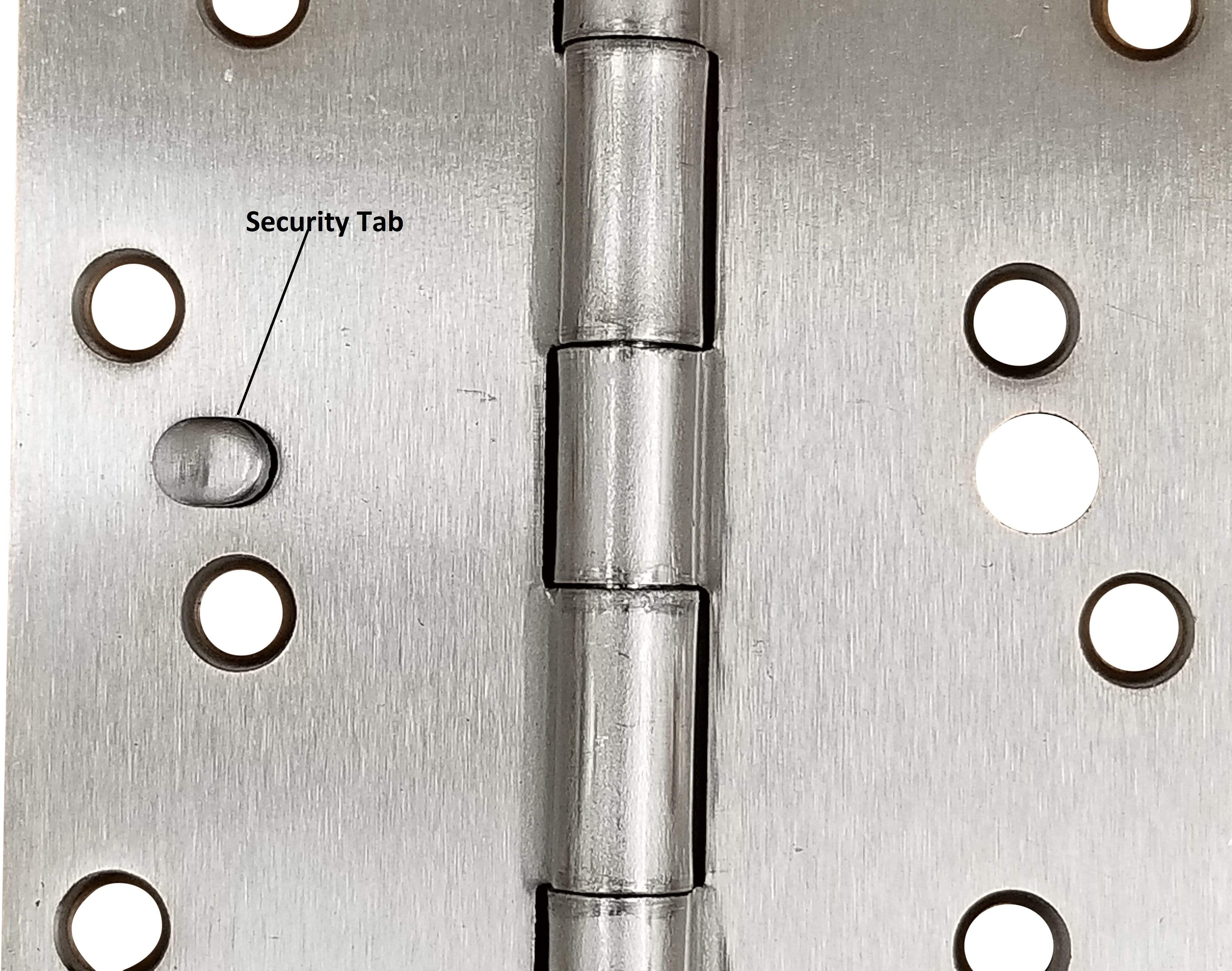 Security hinges with 4-inch size and 5/8-inch square radius corners, featuring a security tab and multiple finishes.