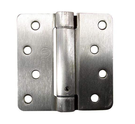 4x4 inch spring hinges with 1/4 inch radius corners, available in multiple finishes, sold in a 2 pack.
