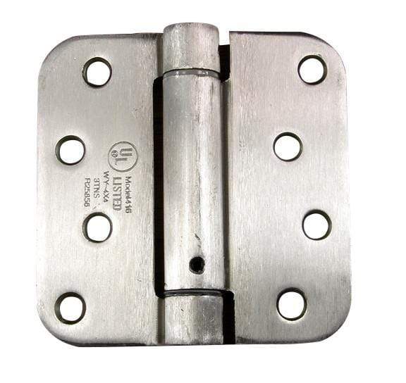 Spring loaded hinges for residential use, 4 inches with 5/8 inch radius corner, available in multiple finishes, 2 pack.