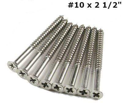 Extra long satin nickel hinge screws, #10 x 2.5 inches, ideal for securing commercial hinges effectively.