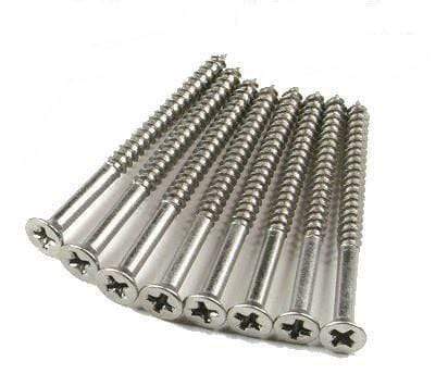 Extra long satin nickel hinge screws, #10 x 2.5 inches, ideal for securing commercial hinges effectively.