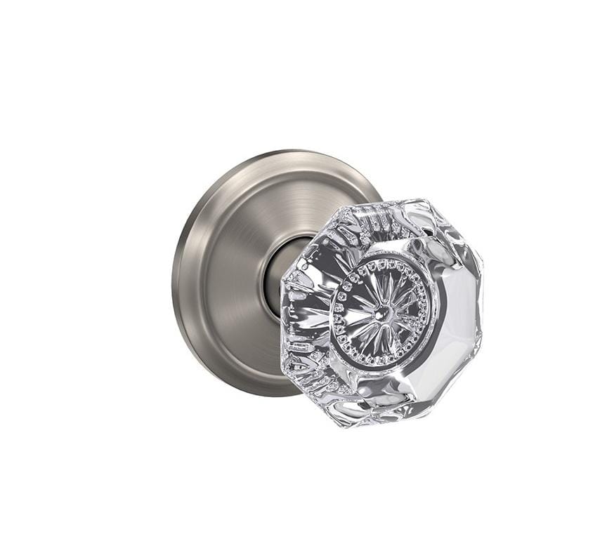 Schlage Custom residential door knob with Alexandria glass knob and Alden rose trim in satin nickel finish.