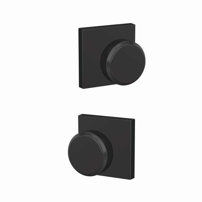 Schlage Custom residential door knob in matte black, featuring Bowery style knob and Collins rose trim, sold individually.