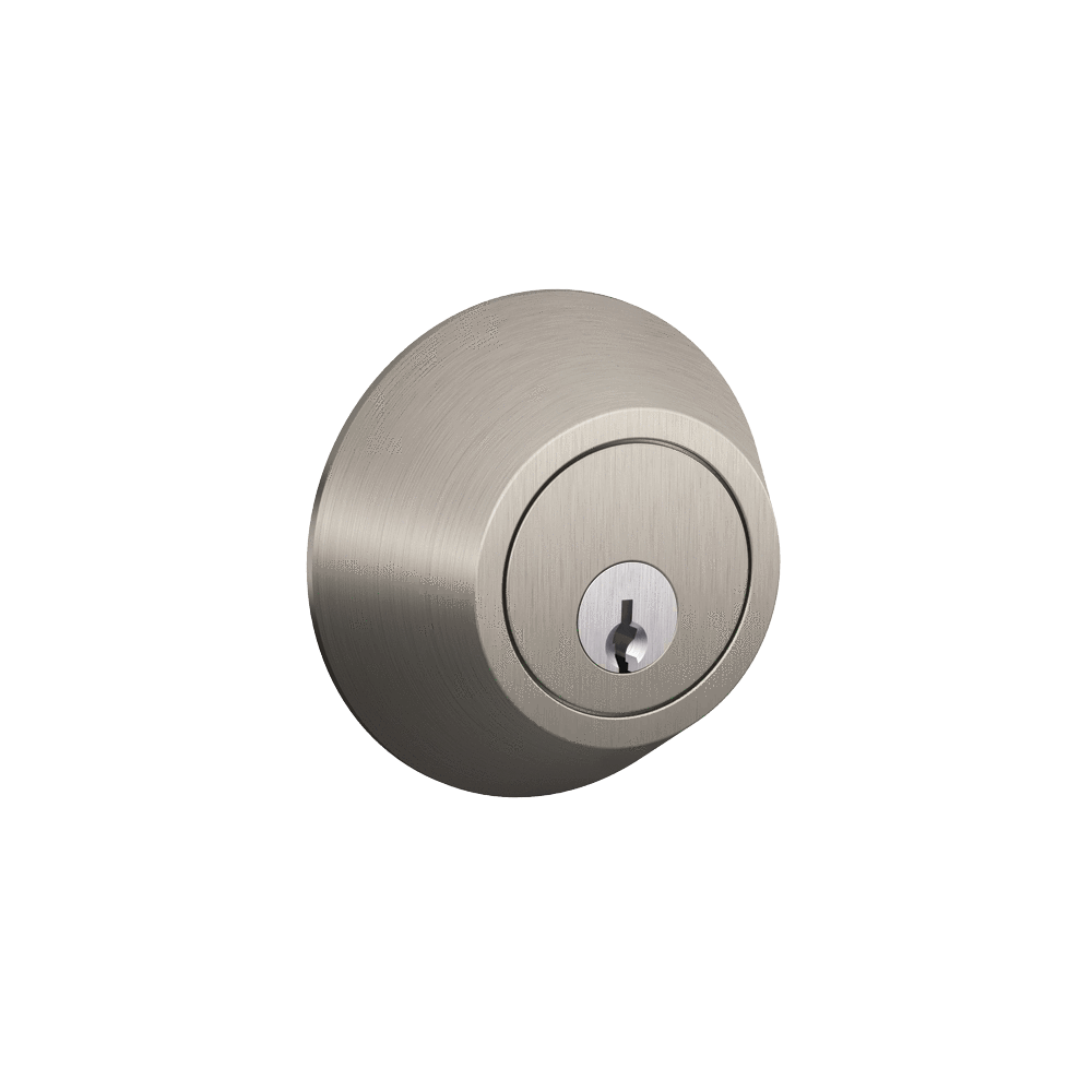 Satin nickel single cylinder deadbolt from Schlage's J Dexter Series for residential use, sold individually.