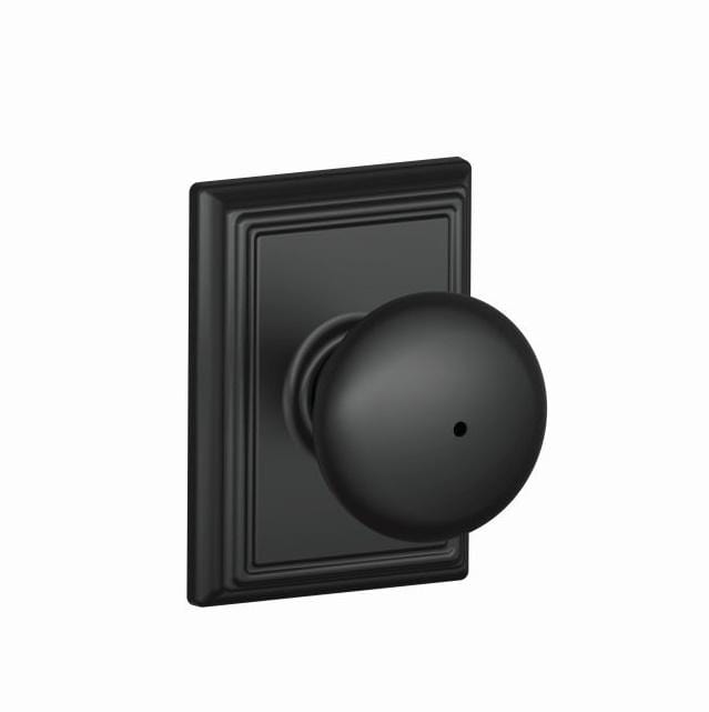 Matte black Schlage residential door knob with privacy lock, Plymouth style knob and Addison rose trim, sold individually.