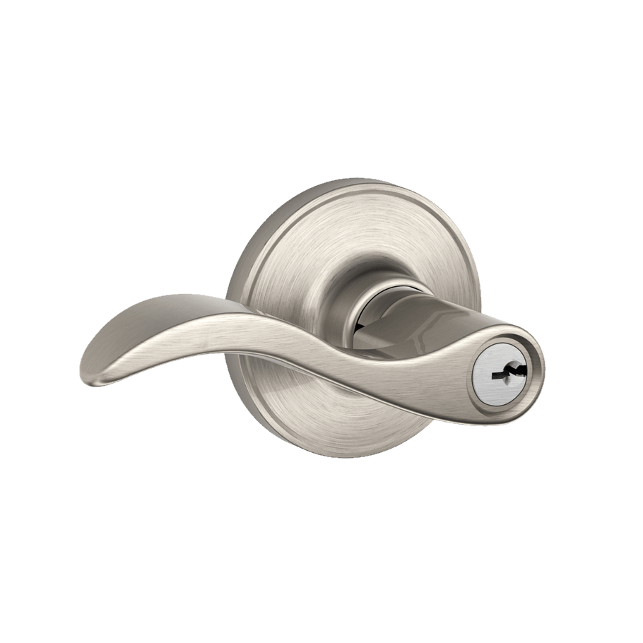 Satin nickel Schlage residential door lever with keyed entry lock in Seville style, sold individually for secure access.