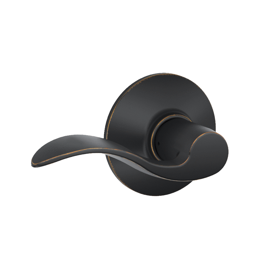 Schlage non-locking passage door lever in aged bronze finish with an accent style, sold individually for residential use.