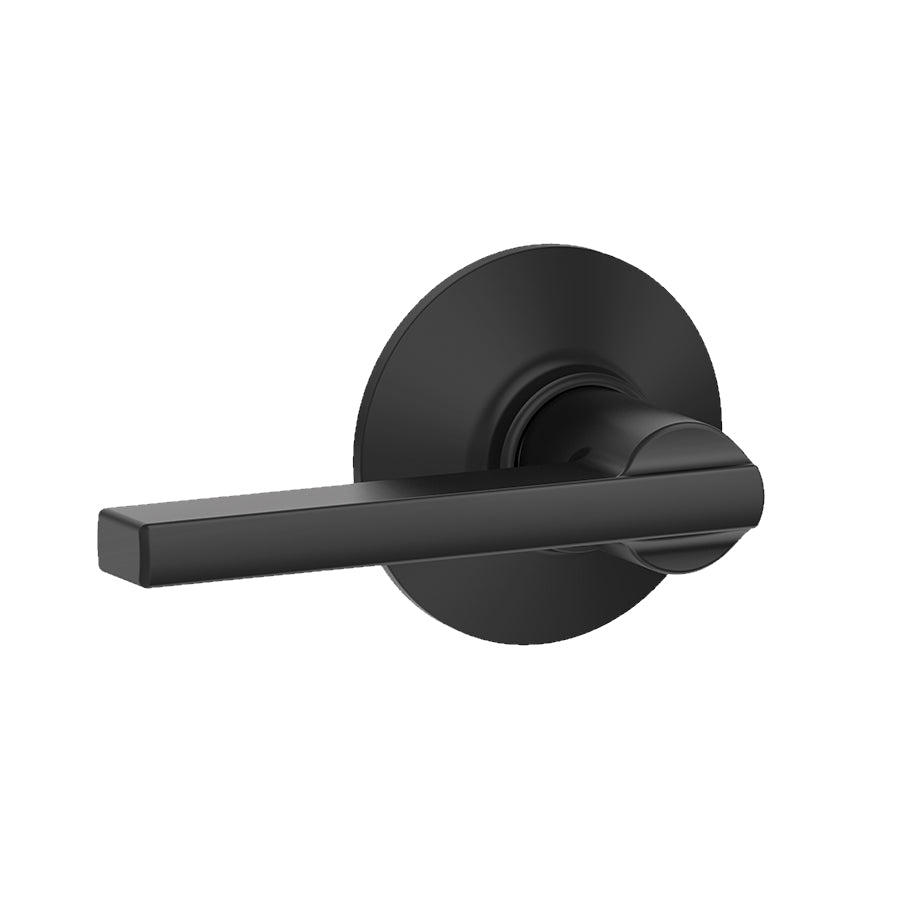 Matte black Schlage residential non-locking passage door lever in Latitude style, sold individually for easy installation.