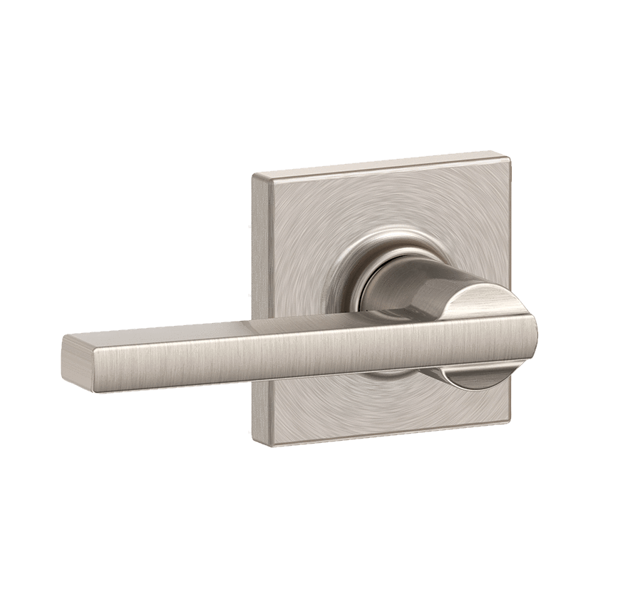 Satin nickel non-locking passage door lever in Latitude style with Collins rose trim, sold individually.