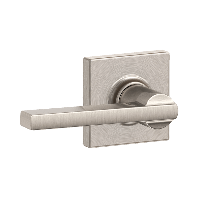 Schlage Residential Door Lever - Non-Locking Passage Lever - Latitude Style Lever With Collins Rose Trim - Satin Nickel Finish - Sold Individually