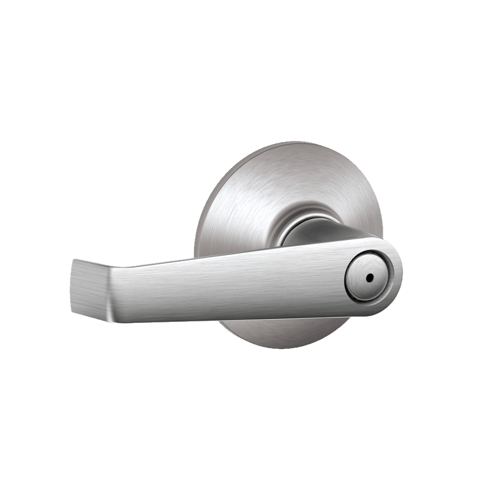 Satin chrome privacy door lever by Schlage in Elan style, designed for residential use, sold individually.