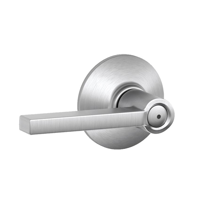 Satin chrome privacy door lever by Schlage in Latitude style, designed for residential use, sold individually.